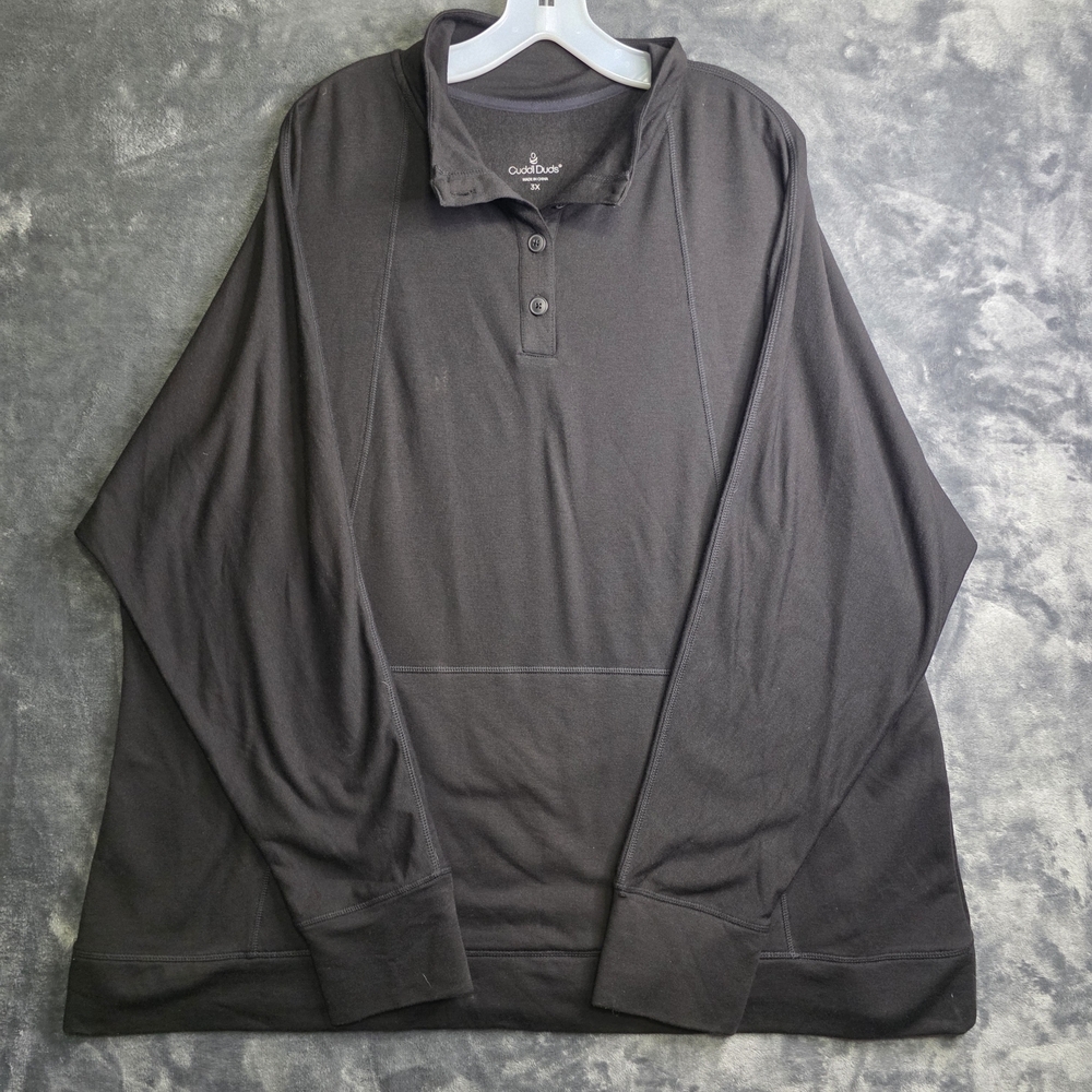 Cuddl Duds Sweatshirt Mens Black Henley Cloud Fleece Pockets Sweater
